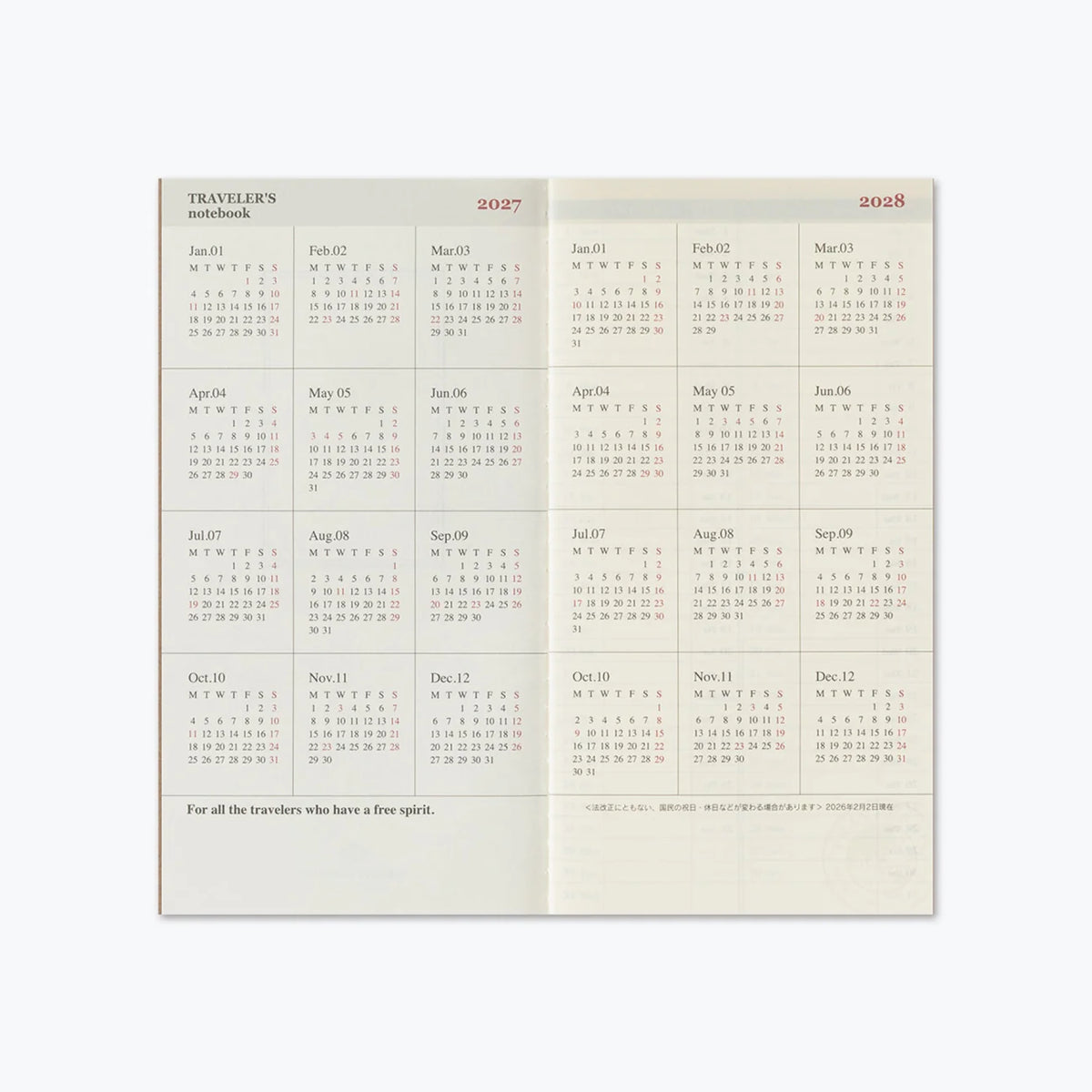 TRAVELER'S Notebook Refill 2027 Weekly Vertical (Regular Size)