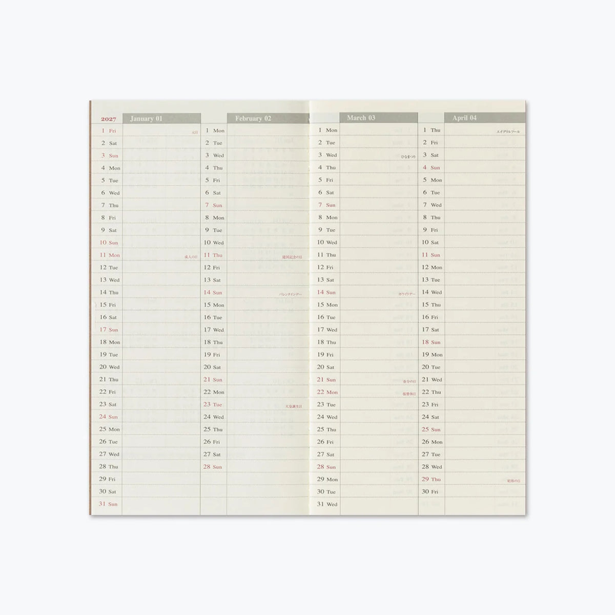 TRAVELER'S Notebook Refill 2027 Weekly Vertical (Regular Size)